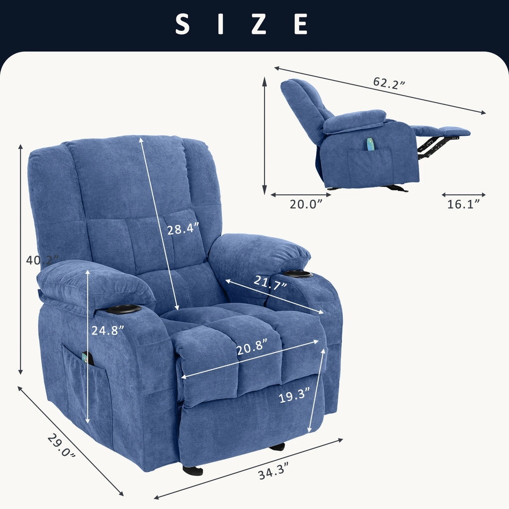 Power Level Recliner Chair with Massage and Heat ,Extended Footrest, Hand Remote Control