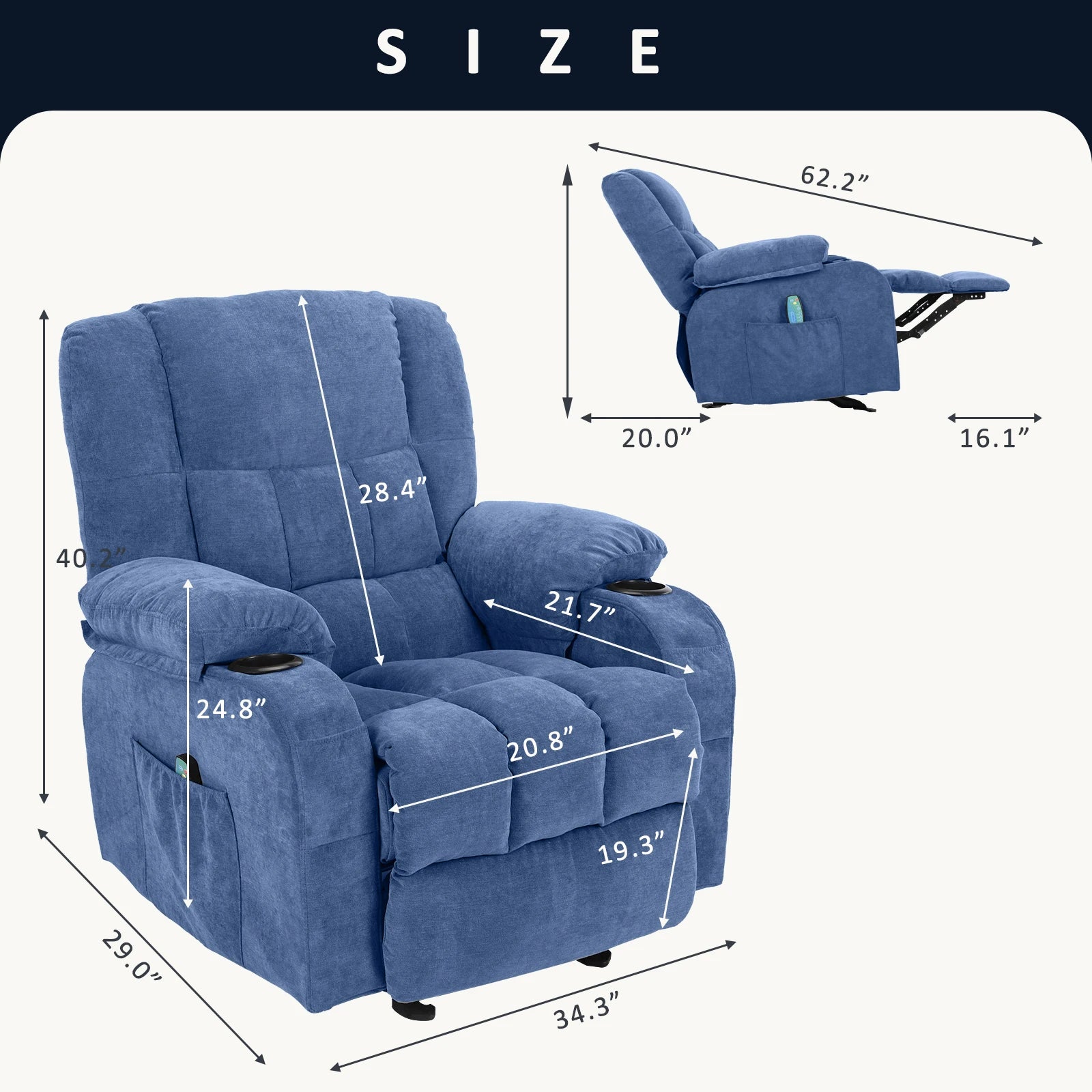 Power Level Recliner Chair with Massage and Heat ,Extended Footrest, Hand Remote Control