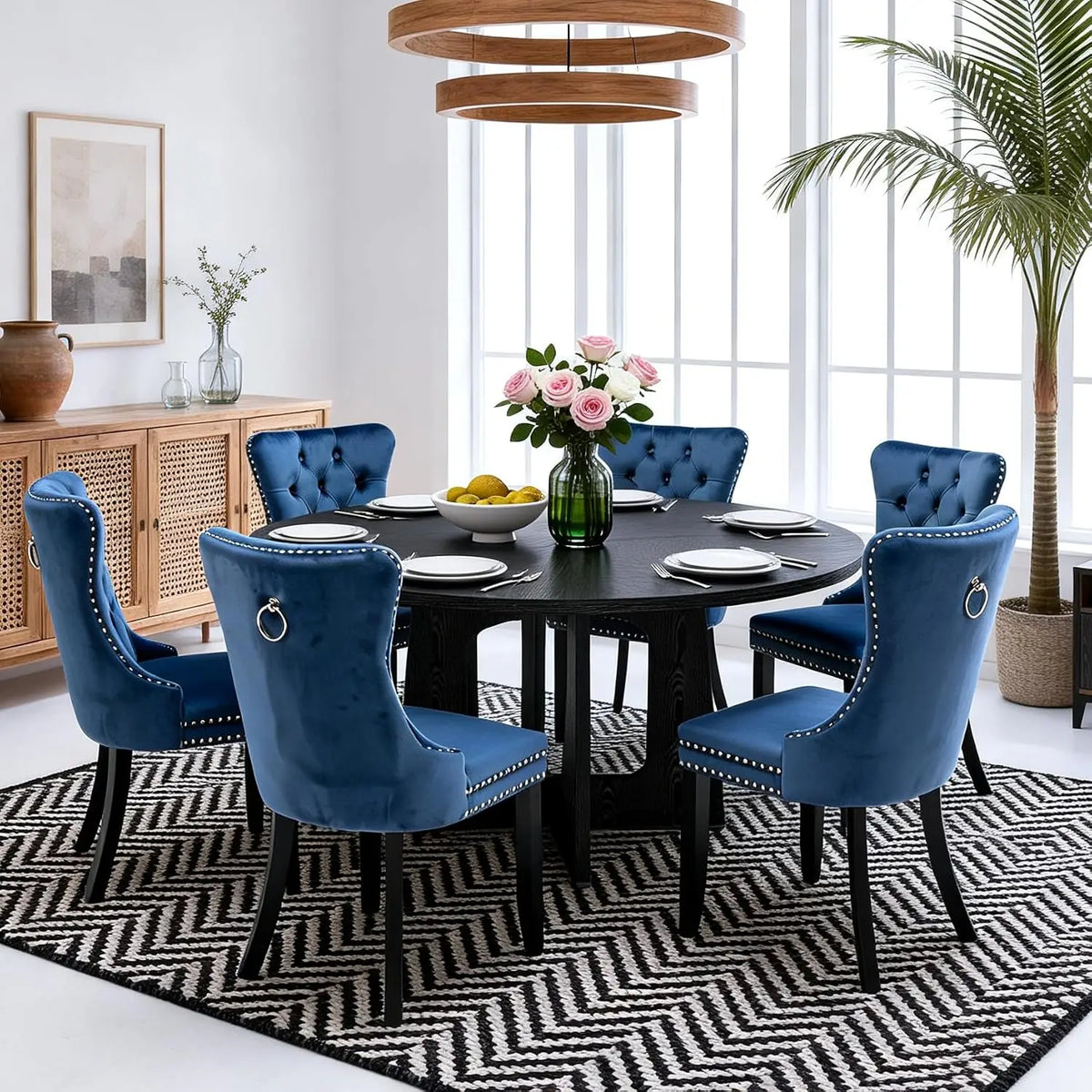 7-Piece Round Dining Table Set for 6, 47" Black Farmhouse Kitchen Table with 6 Gray Velvet Tufted Chairs, Modern Circle, Custom