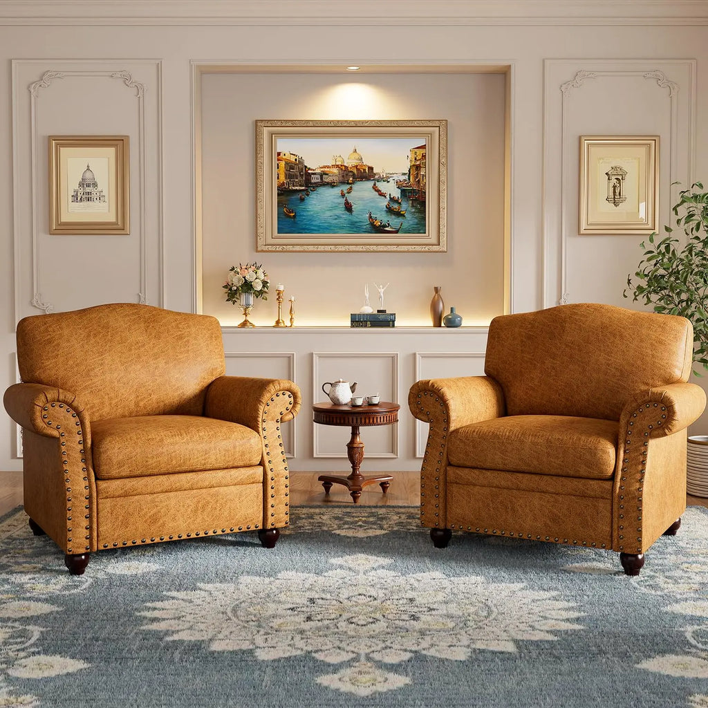 Faux Leather Accent Chairs Set of 2 with Rivet Design, Living Room Arm Chair with Rolled Arms and Nailhead, Large, Customized