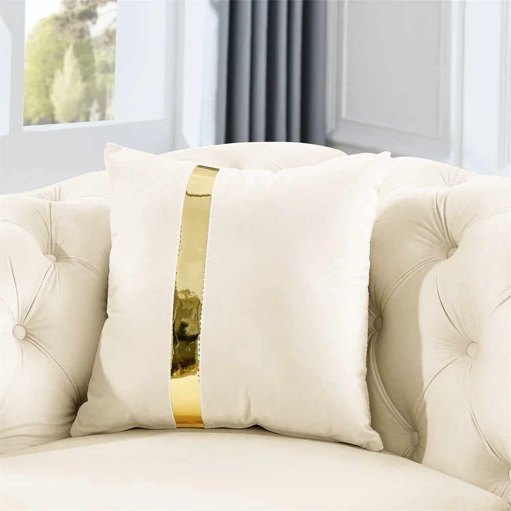 #￥Custom Velvet Button Tufted Sofa Couch with 2 Pillows 3 Seater Luxury Chesterfield Sofa Set with Gold Stainless Steel Accents