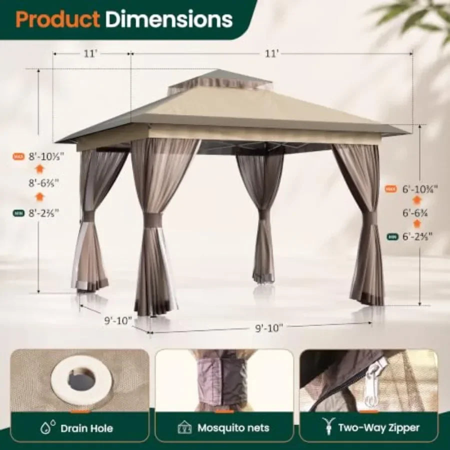 Pop Up Gazebo Canopy Tent, Outdoor Gazebo with Double Ventilated Roof, Waterproof UV Protection Pop Up Canopy with Mosquito Net
