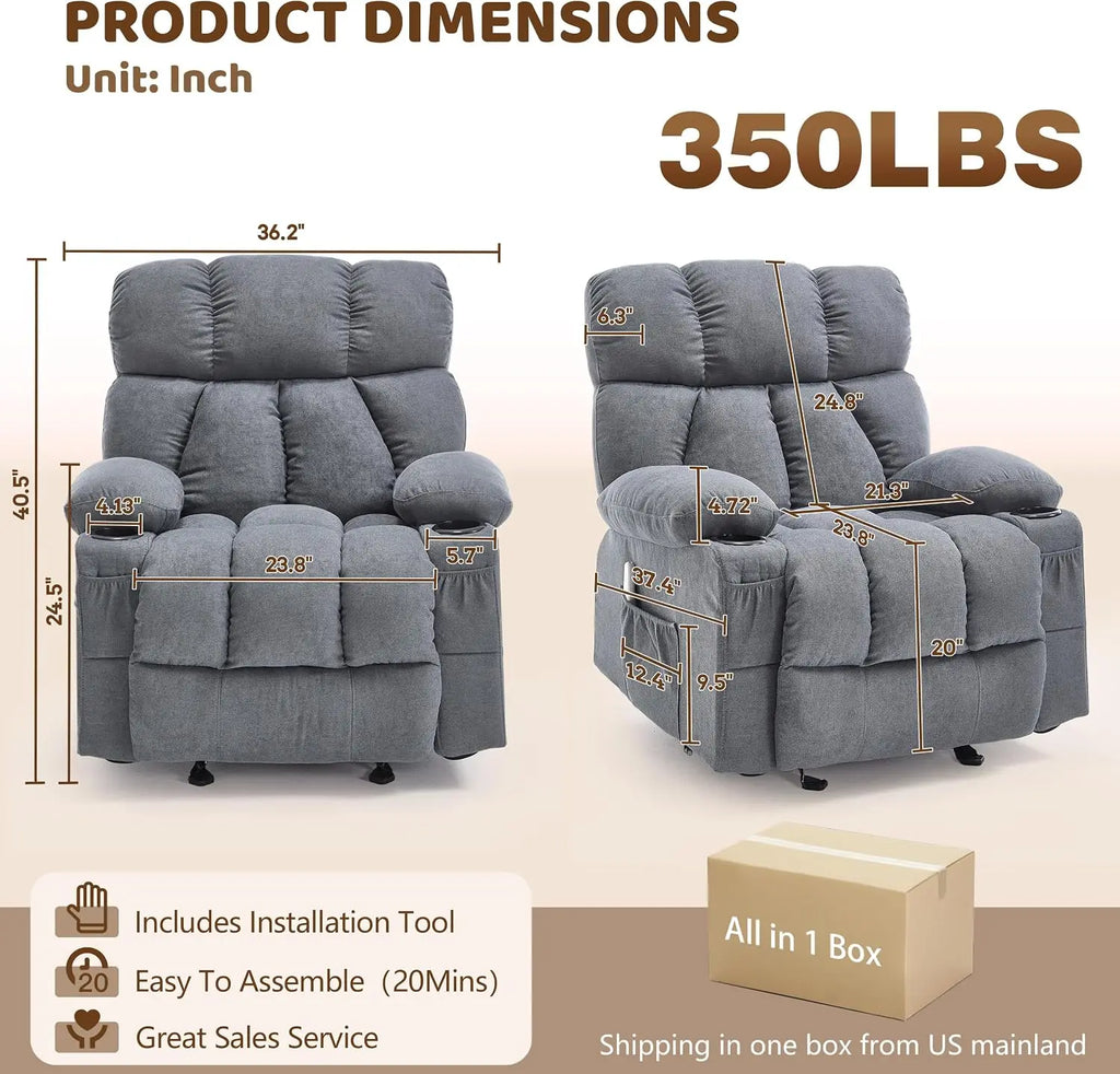 Massage Rocking Recliner Chair with Heat, USB, Cup Holders, Grey