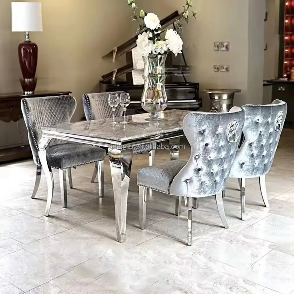 Italian Furniture Luxury Dining Table Set 4 6 8 Chairs Restaurant Dining Table and Chair Set Stainless Steel Marble Dining Table