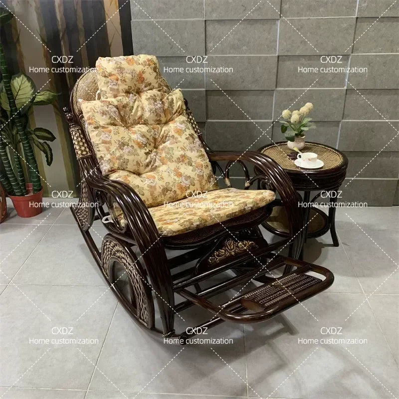 Rattan Rocking Chair for Adults and Elderly Balcony Leisure Recliner Rural Style Comfortable Nap Chair Home Furniture