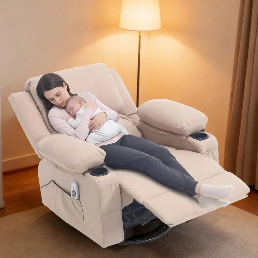 Leather Swivel Rocker Recliner with Heat Massage and Cup Holders, Plush Rocking Glider Chair with Heated Massaging Recline, Beig