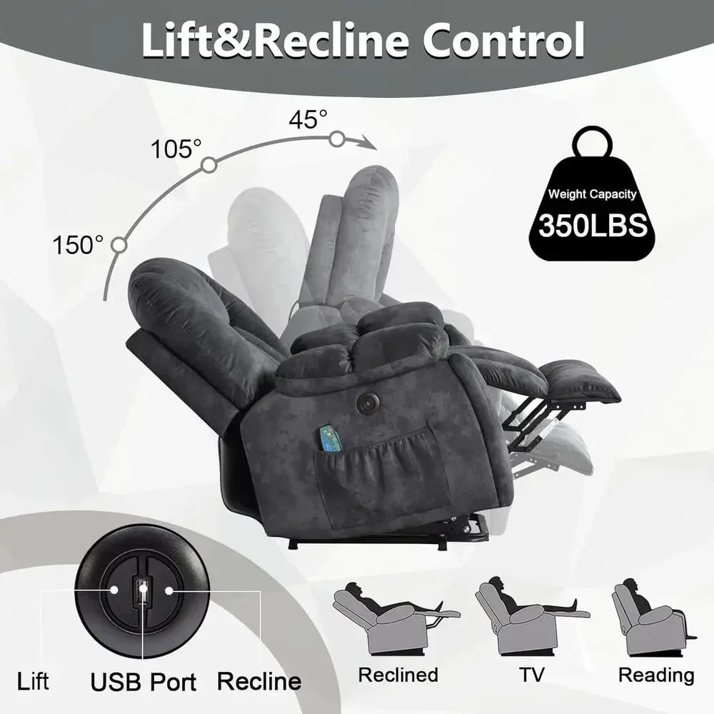 Oversized Recliner with Massage, Heat, USB Port, and Safety Mechanism for Elderly, Gray