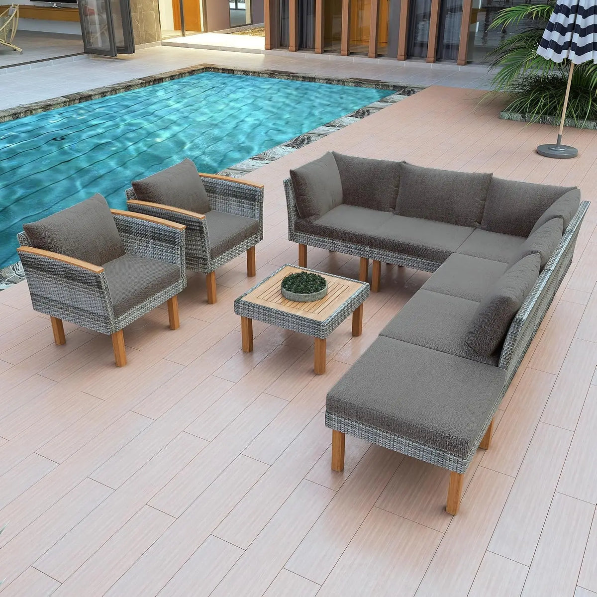 7 Piece Outdoor Patio Furniture Sofa Sets,All Weather Rattan Conversation Sofa Set with Striped Green Pillows/Tempered, Custom