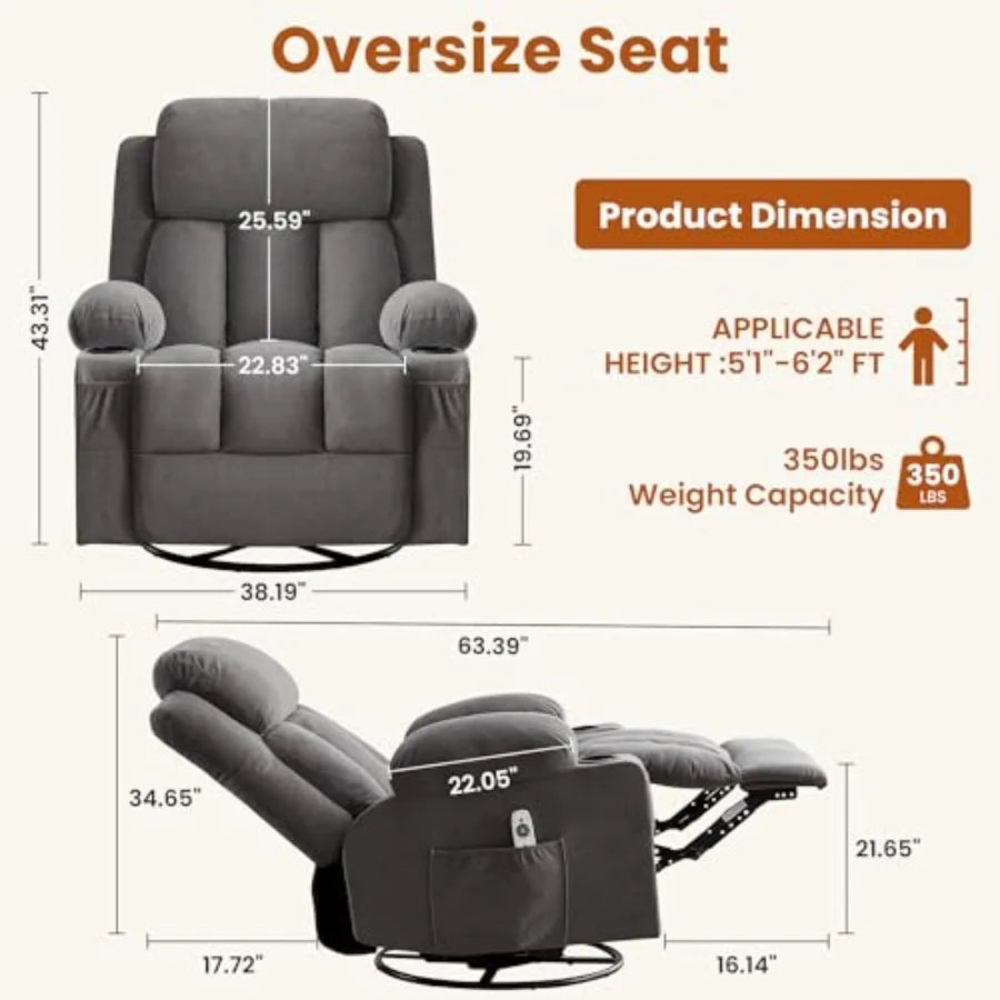 Swivel Rocker Recliner Chair with Vibration Massage and Heat for Living Room, with Rocking Function and Side Pocket, USB Charge