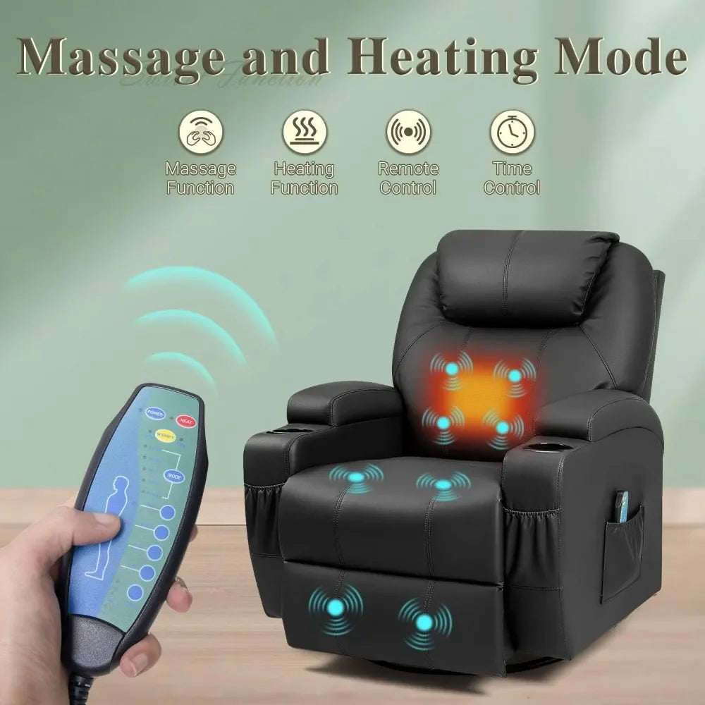 2023 New Swivel Rocker Recliner with Massage and Heating Functions, Sofa Chair with Remote Control and Two Cup Holders