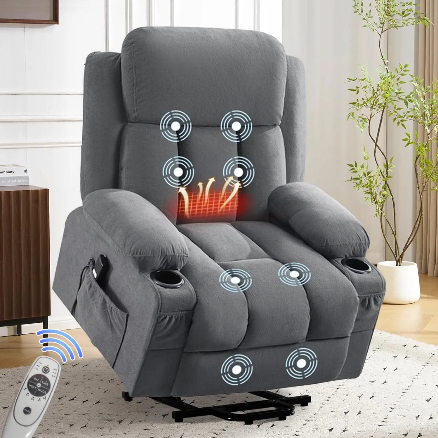 Power Lift Recliner Chair for Elderly with Vibration Massage and Lumbar Heating Electric Oversized Single Sofa with Cup Holder