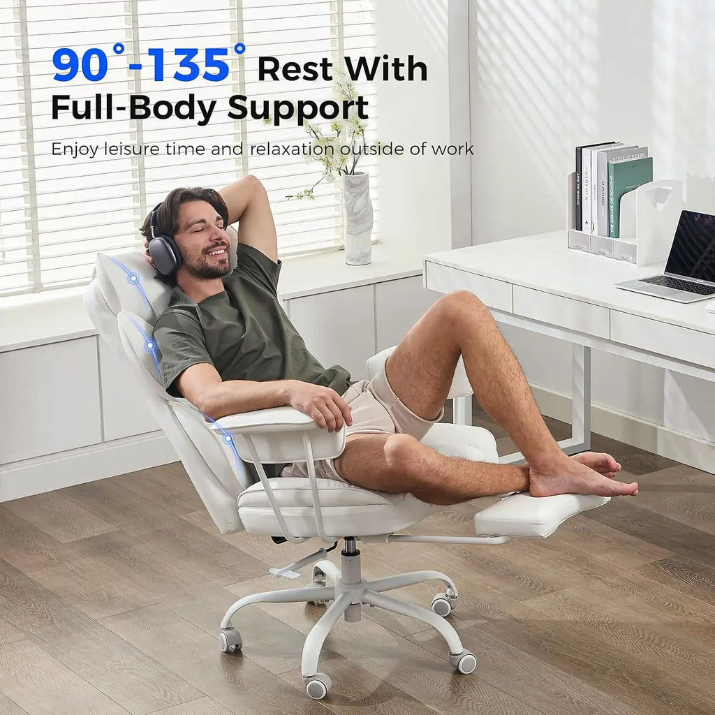 Wide Ergonomic Office Chair with Footrest, High Back Lumbar Support, Reclining Gaming Computer Chair for Heavy People (White)