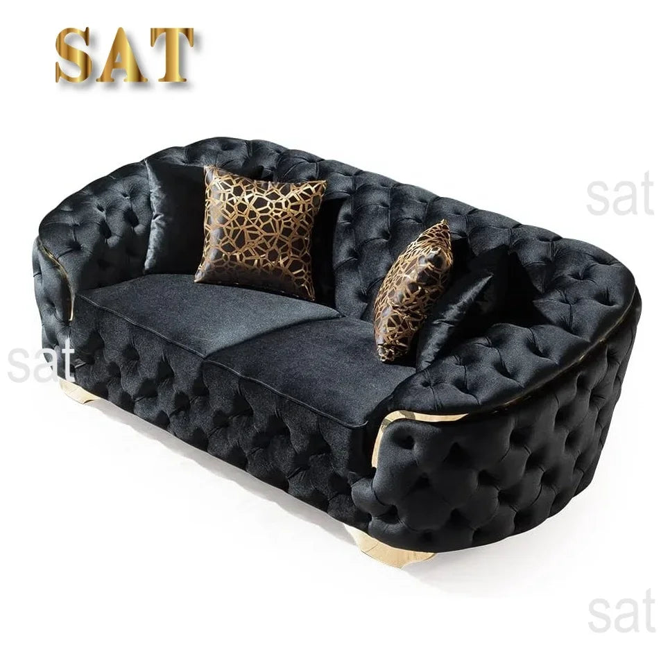 A Light Luxury Living Room Black Velvet 2 Seater Sofa With Gold Leg Upholstered Tufting Loveseat Lounge Sofas Couch Sets