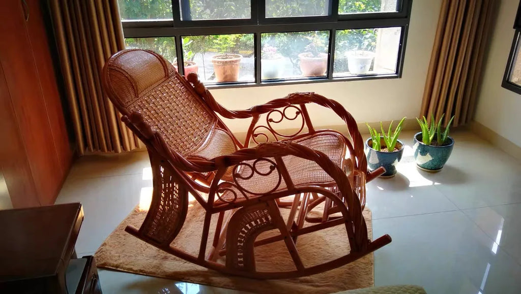 CZ Rocking Chair Hanging Basket Natural Real Rattan Plant Woven Relaxing Leisure Recliner