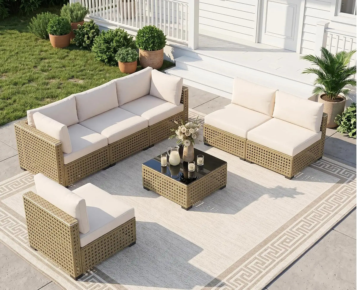 7 Piece Wicker Rattan Patio Conversation Set, Outdoor Sectional Sofa, Custom