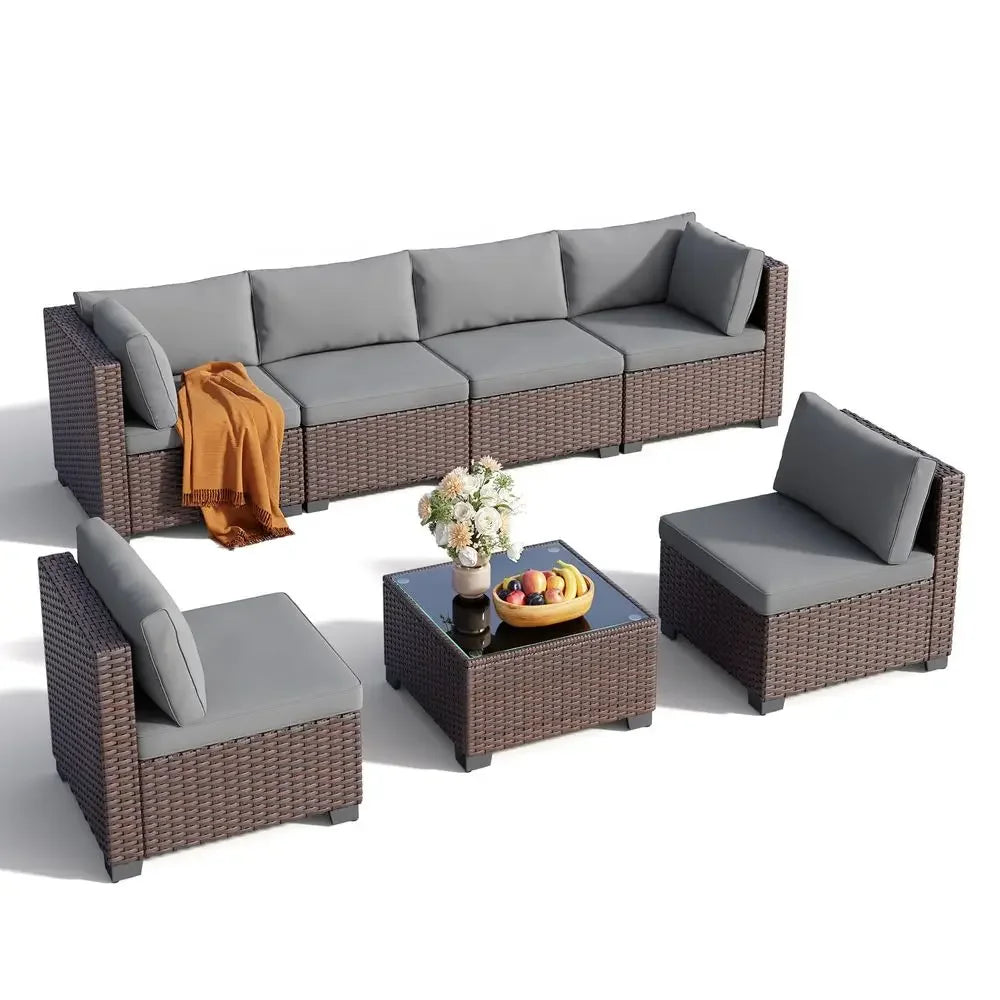 7 Pieces Outdoor Patio Furniture Set, PE Rattan Outdoor Wicker Sectional Furniture Sofa Set, with Cushions and Glass Coffee Tab