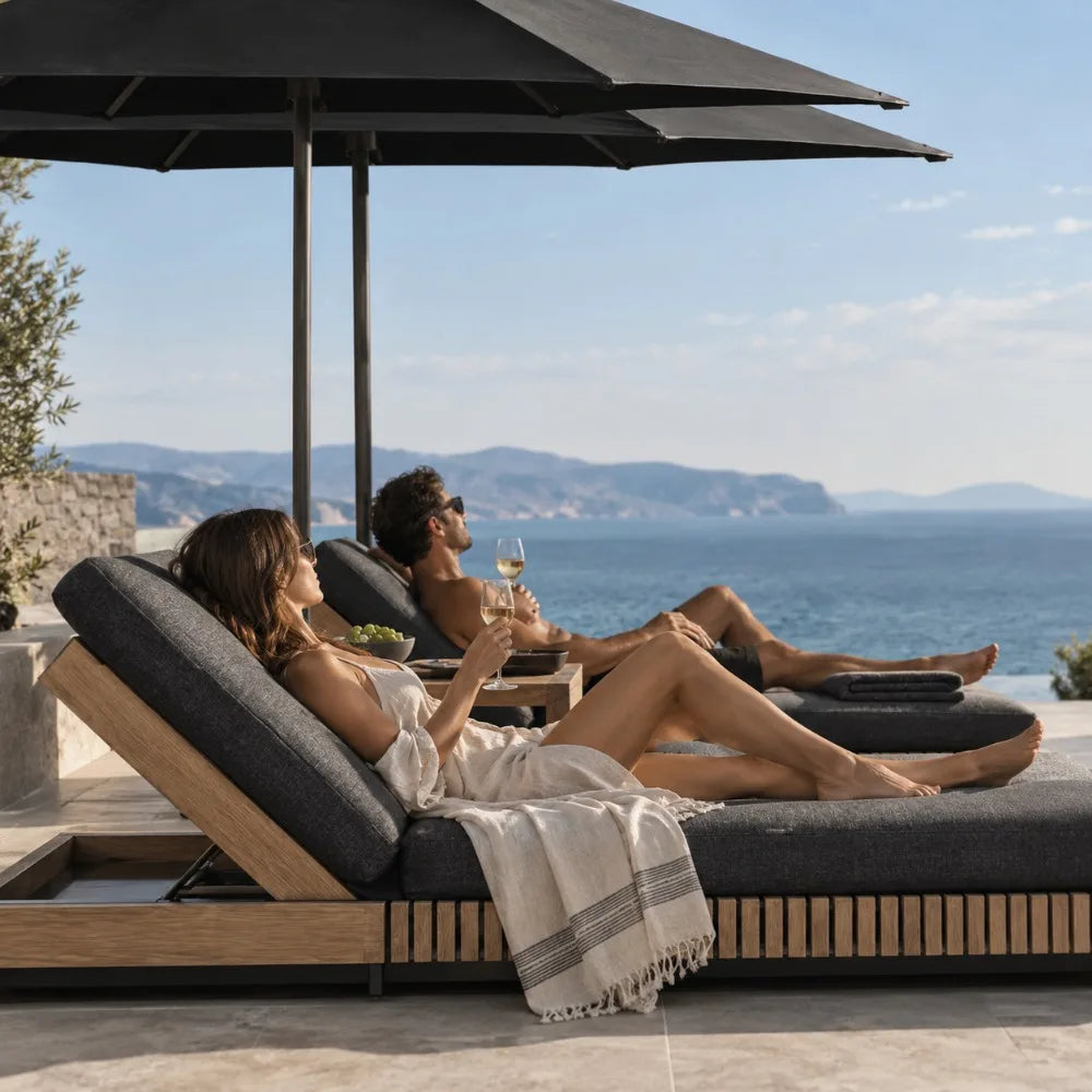 Nordic Solid Wood Outdoor Sofa Set, Luxury Waterproof Sunproof Patio Furniture, Balcony and Garden Leisure Recliner for Villa