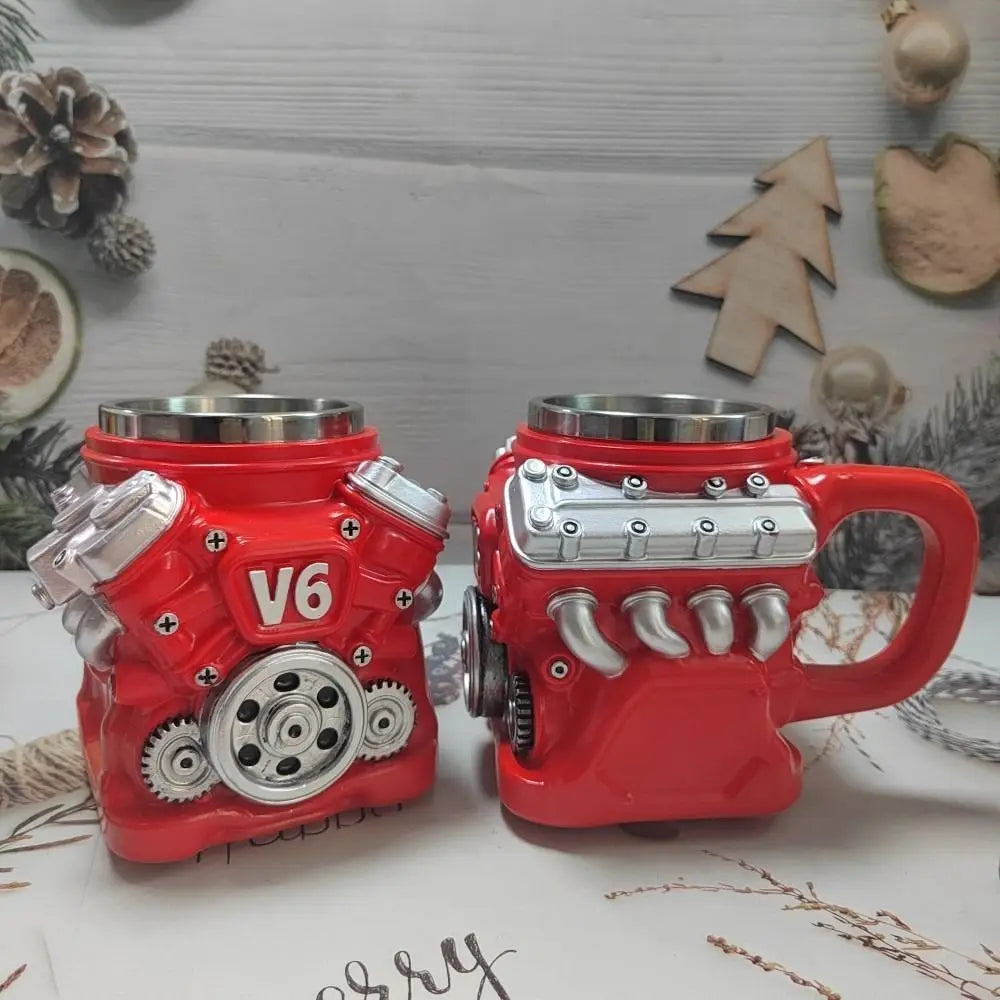Retro Engine Coffee Mug with Handle 300ML 15oz V6 Engines Stainless Steel Cup Realistic Design Double Wall Insulation Car Mug