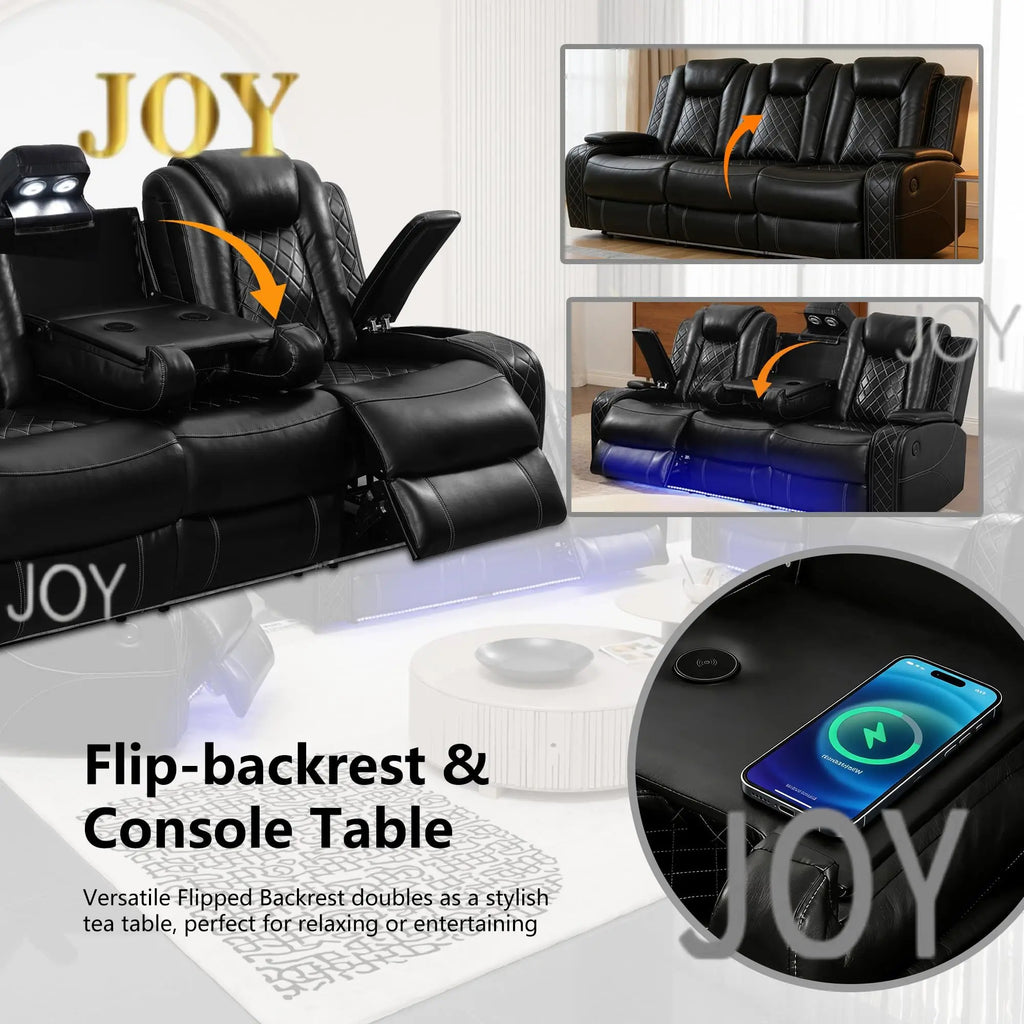 #￥Power Recliner Sofa Set with LED  Leather Reclining Sofa Set Loveseat Chair with USB Port Cup Holders Storage for Home Theater