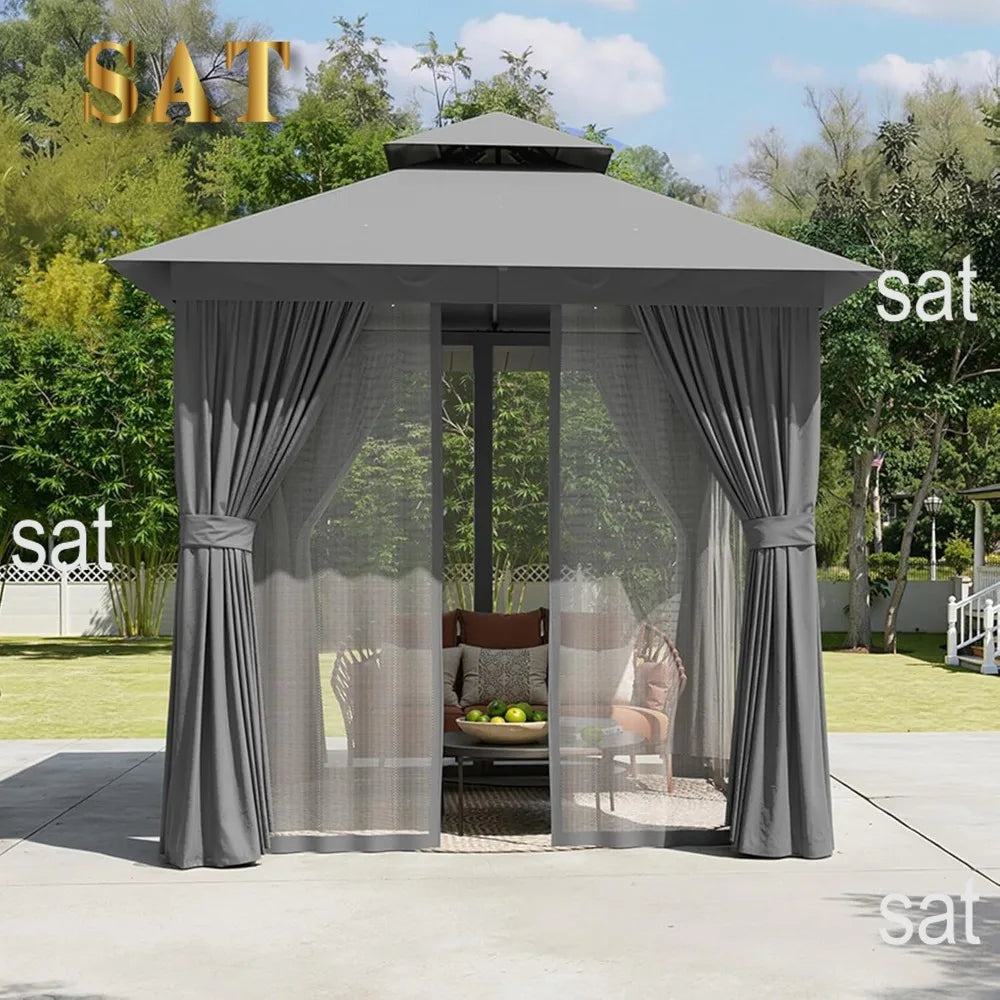 tu- Outdoor Gazebo Metal Frame Double Roof Heavy Duty Mosquito Netting Privacy Screen Patio Garden Lawn Deck, Custom-