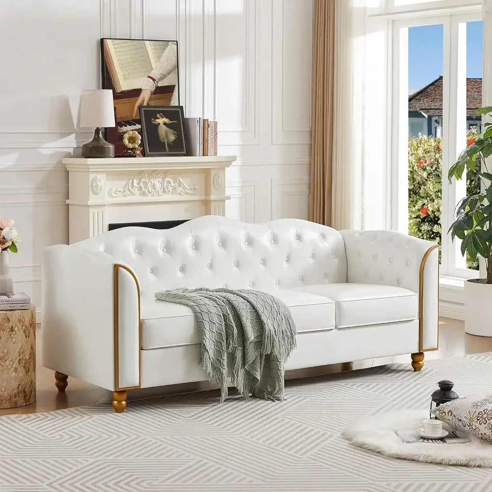 78" Leather Soa Couch, Sot 3 Seater Soa Couches or Living Room, Button Tuted Comy Couch ern Soa with Upholstered Cushion, Gold T