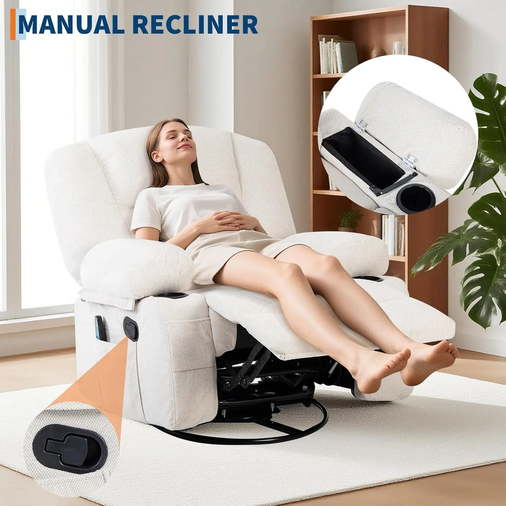 Oversized Recliner Chair, Massage Rocker, 360 Swivel, Heat, USB 350 LB Capacity, 8-Point Vibration, Lumbar Heat, 145° Recline, 2 Cup Holders, USB Port, Side Pocket And Retractable Footrest