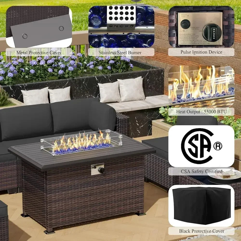 10 Pieces Outdoor Patio urniture Set,Outdoor Sectional urniture with 43" 55000 Gas Propane ire Pit Table,All Weather PE Rattan W