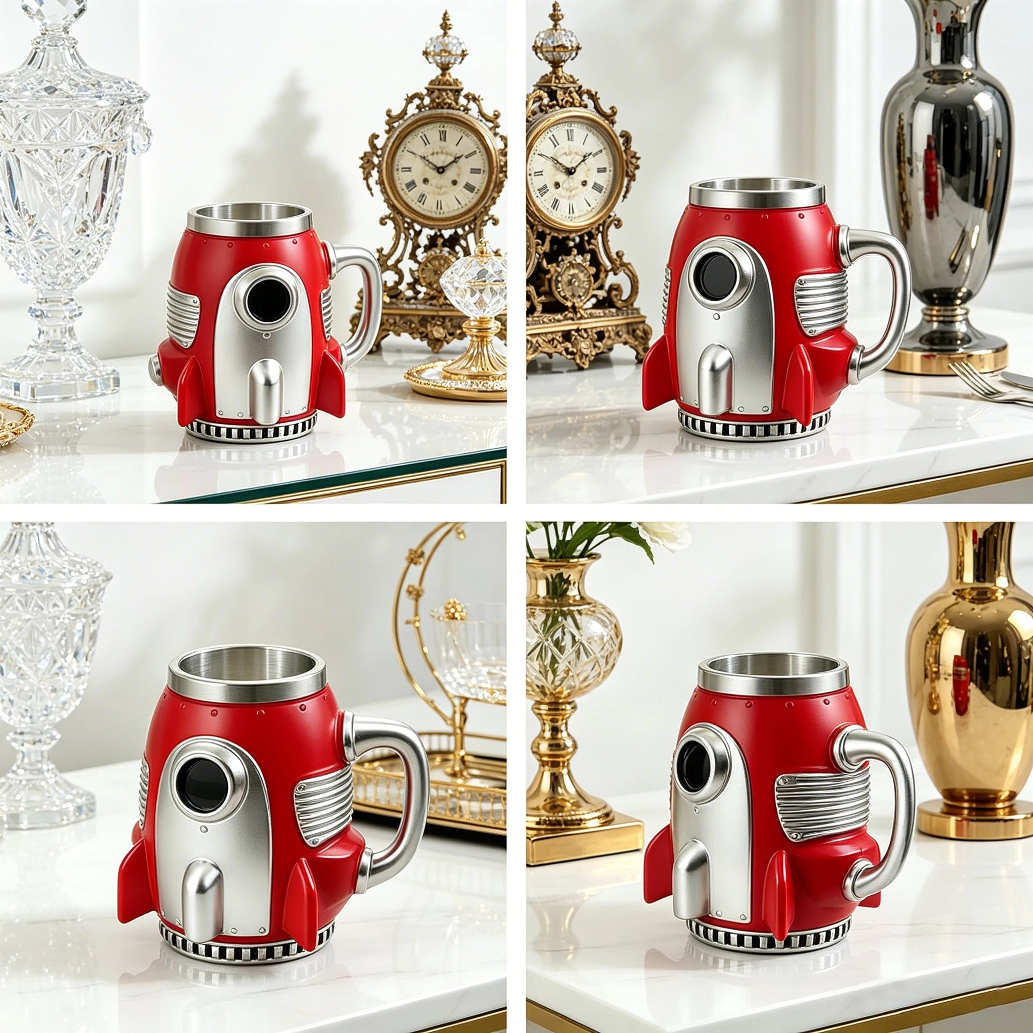 Engine coffee cup/rocket shaped coffee cup set, 304 stainless steel inner liner, durable resin shell, unique V8 car engine cylinder body and retro rocket ship design water cup, multifunctional and fun decorative desktop ornam