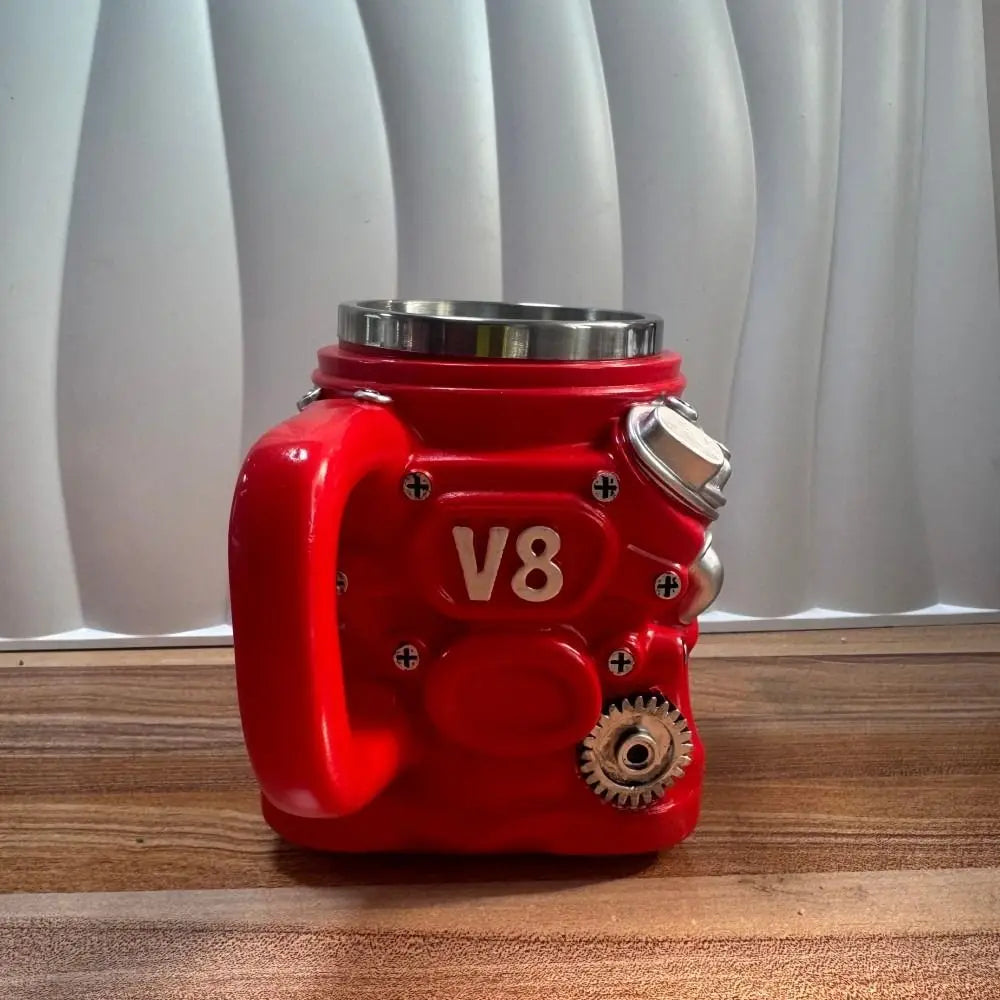 Retro Engine Coffee Mug Double Wall 180ML V8 Engines Stainless Steel Cup with Handle Realistic Design Insulation Car Mug
