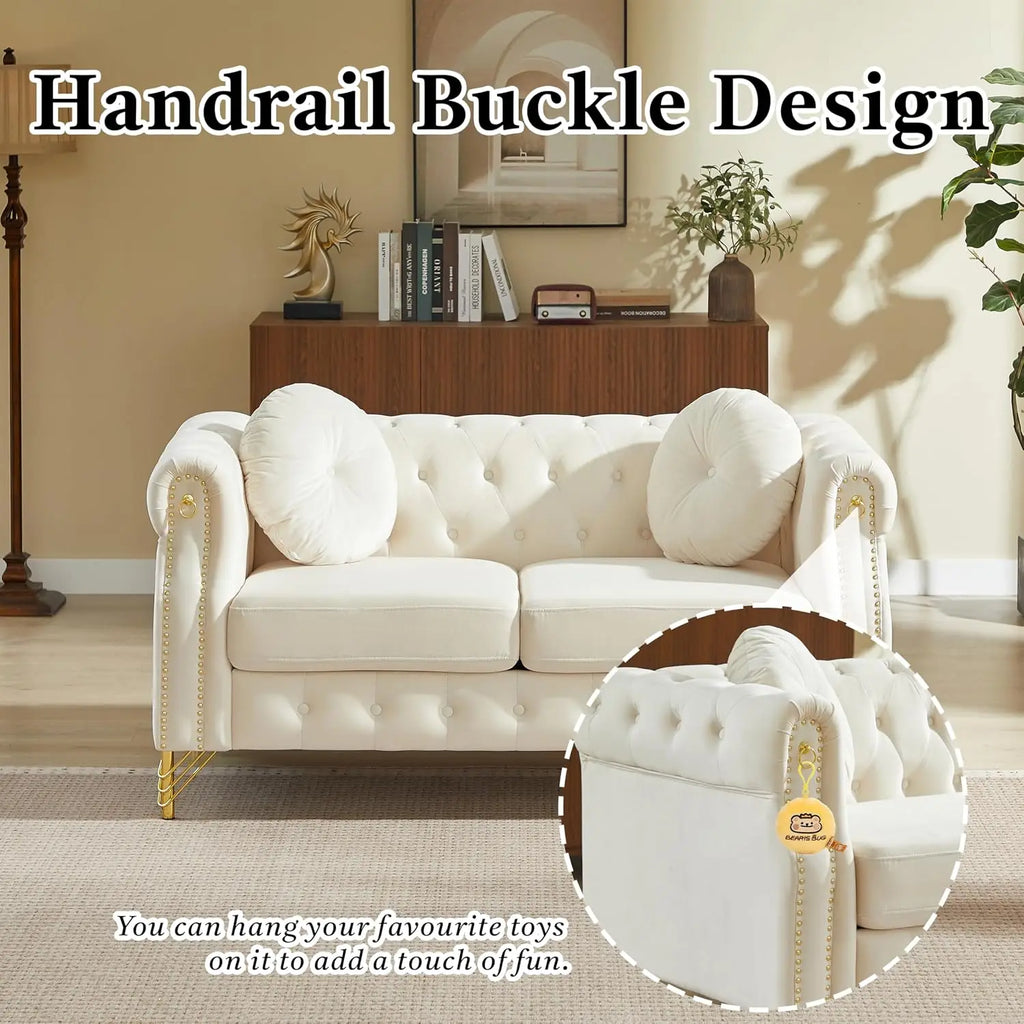 82" Beige 3-Seater Velvet Sofa with Pillows & Copper Studs, Living Room Furniture, Customized