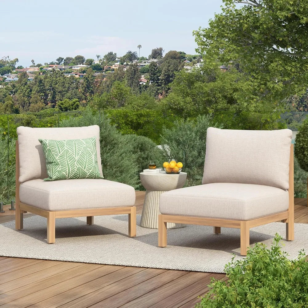 Acacia Wood Patio Club Chair Set of 2, Outdoor Woven Lounge with Beige Cushion and Light Teak Frame
