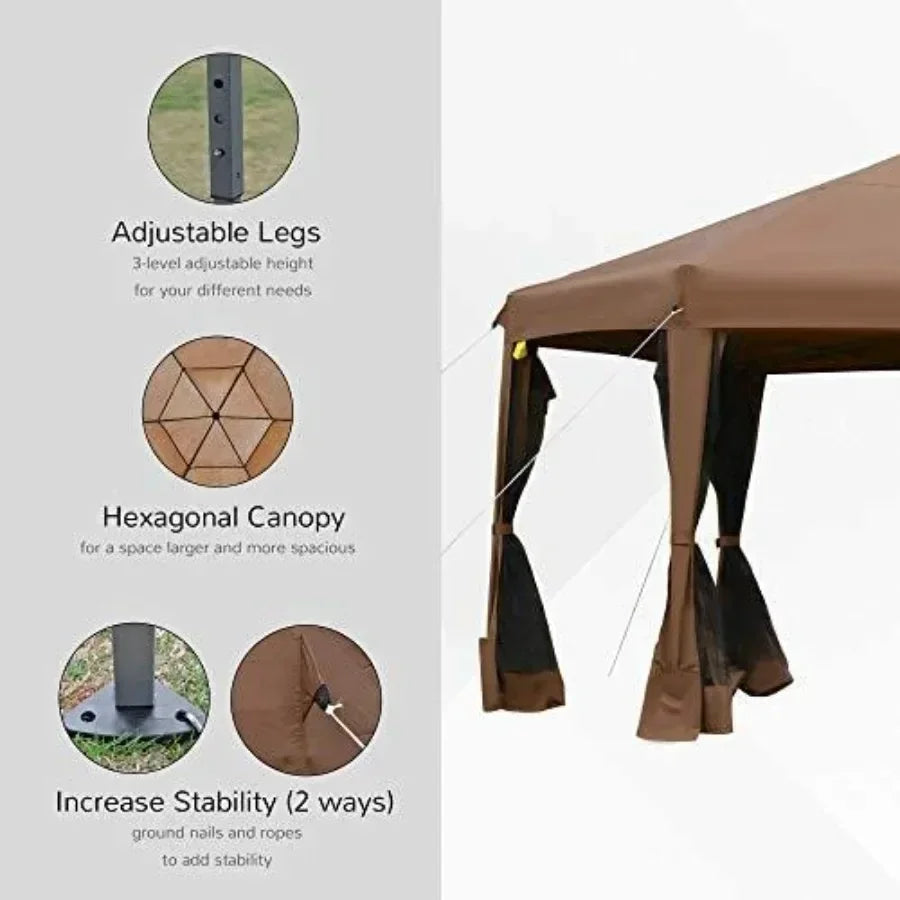 13' x 11' Hexagonal Pop Up Gazebo Heavy Duty Outdoor  Tent with 6 Mesh Sidewall Netting 3-Level Adjustable Height and Strong St