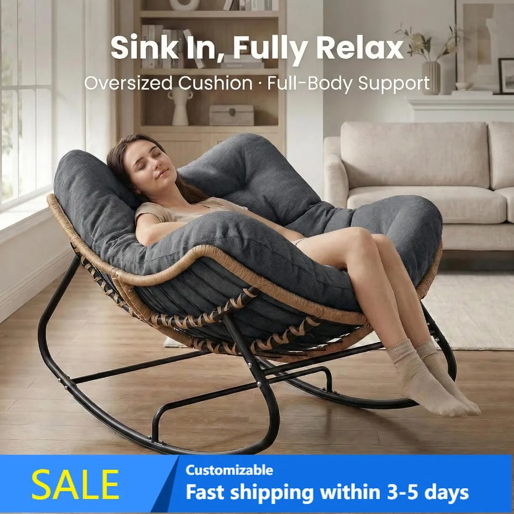 Oversized Outdoor Rocking Chair, Patio Papasan Rocker, Comfy Wicker Egg Chair with Cushion, Dark Grey