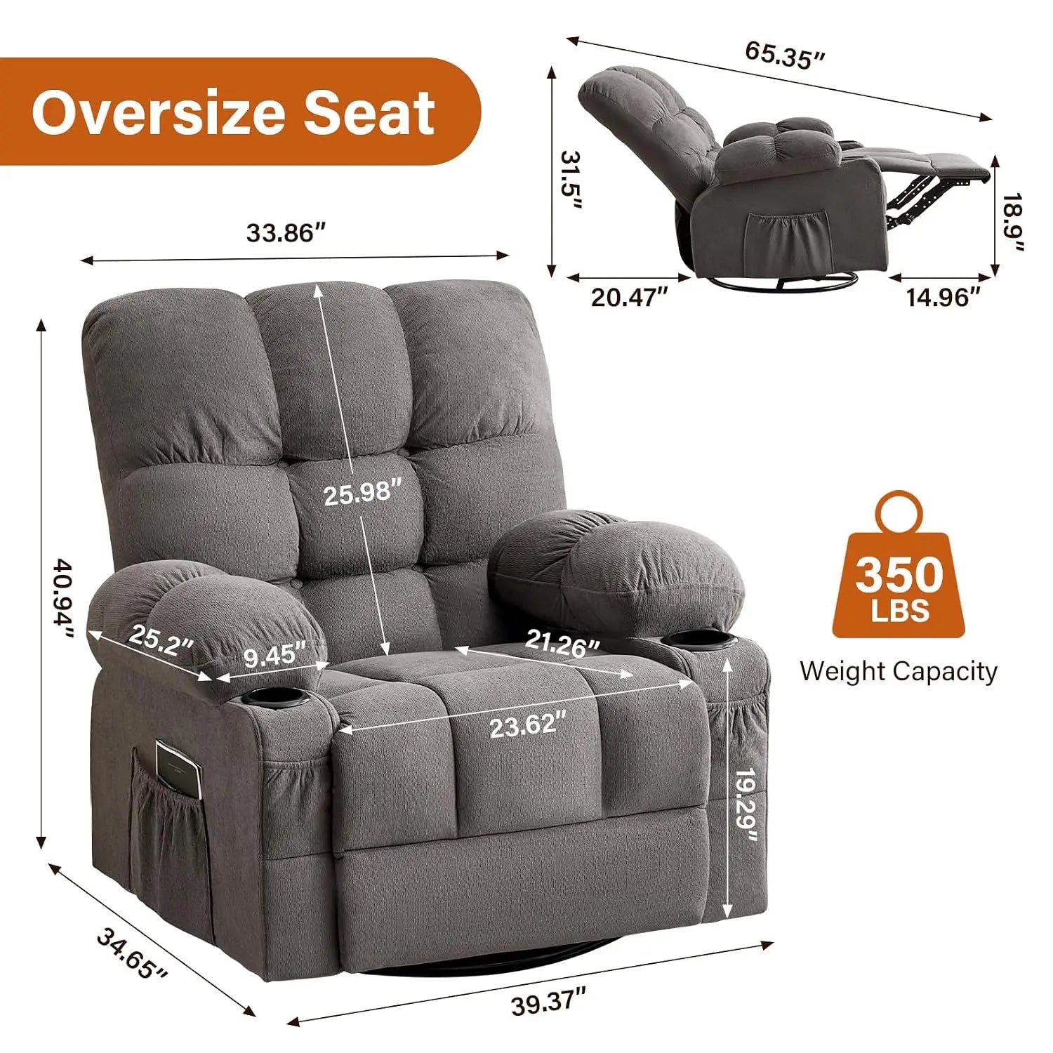 Swivel Rocker Recliner Chair with Vibration Massage Heat USB Port Side Pocket for Living Room, Customized
