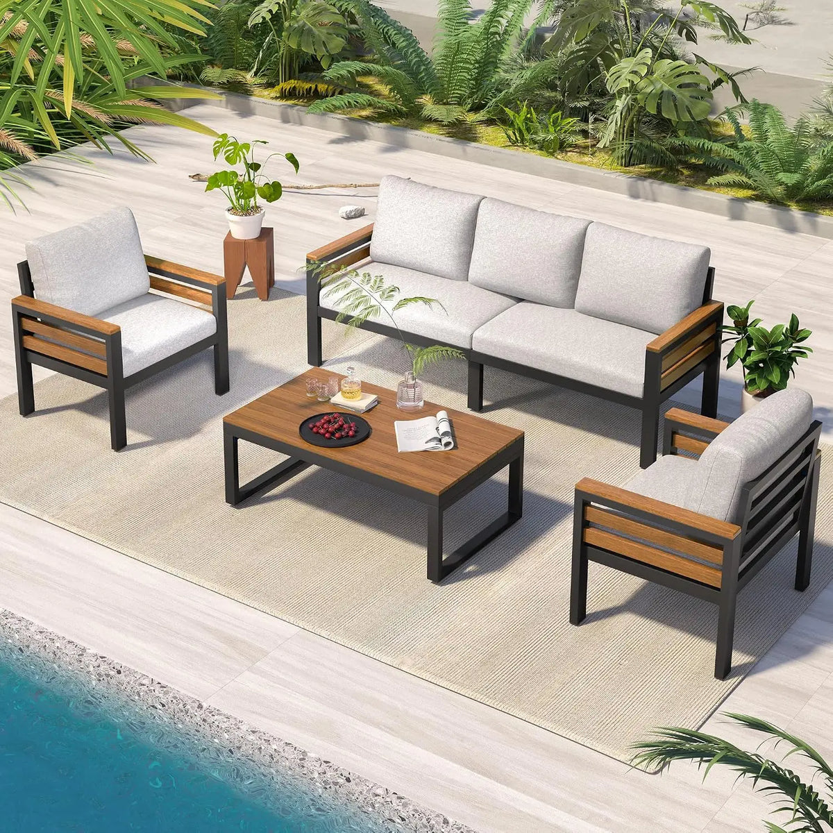 4-Piece Patio Set, All Weather Sectional w/ 2 Chairs, Loveseat & Table, Acacia Wood Outdoor Furniture with Cushions, Customized
