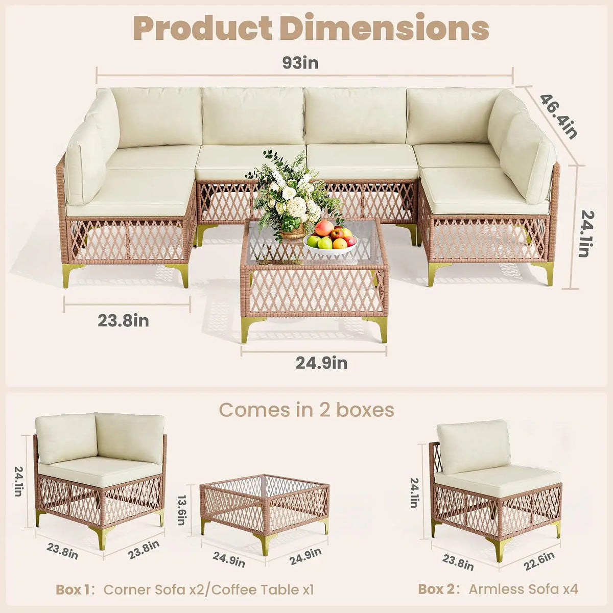 7-Piece Wicker Outdoor Sectional Sofa Patio Set with Washable Cushions & Glass Table, All-Weather for Backyard & Porch, Custom