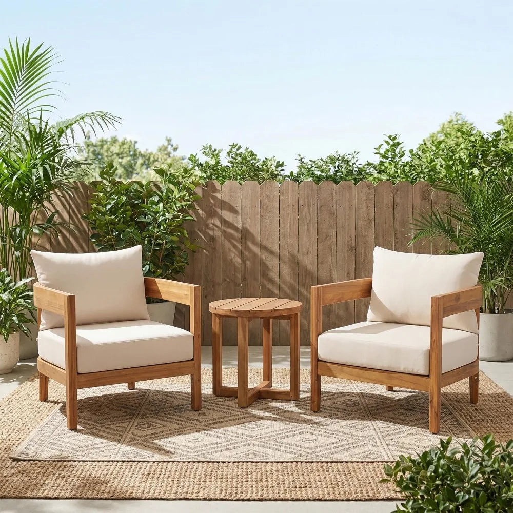 3-Piece Acacia Wood Patio Furniture Set, Outdoor Conversation Chairs with Coffee Table, Teak Beige