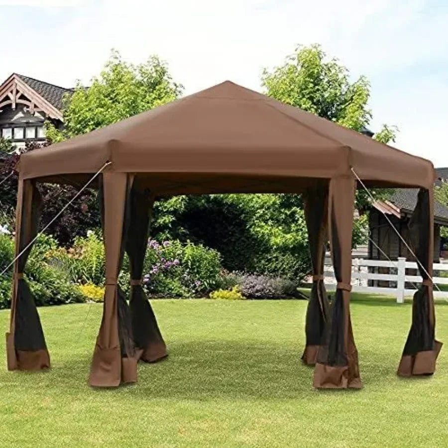 13' x 11' Hexagonal Pop Up Gazebo Heavy Duty Outdoor  Tent with 6 Mesh Sidewall Netting 3-Level Adjustable Height and Strong St