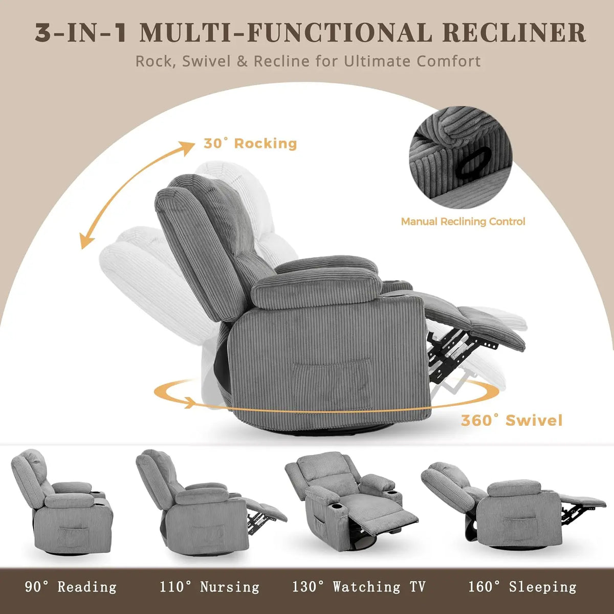 Swivel Rocker Recliner Chair with Heat & Vibration Massage, USB Port, Lounge Sofa for Living Room, Custom