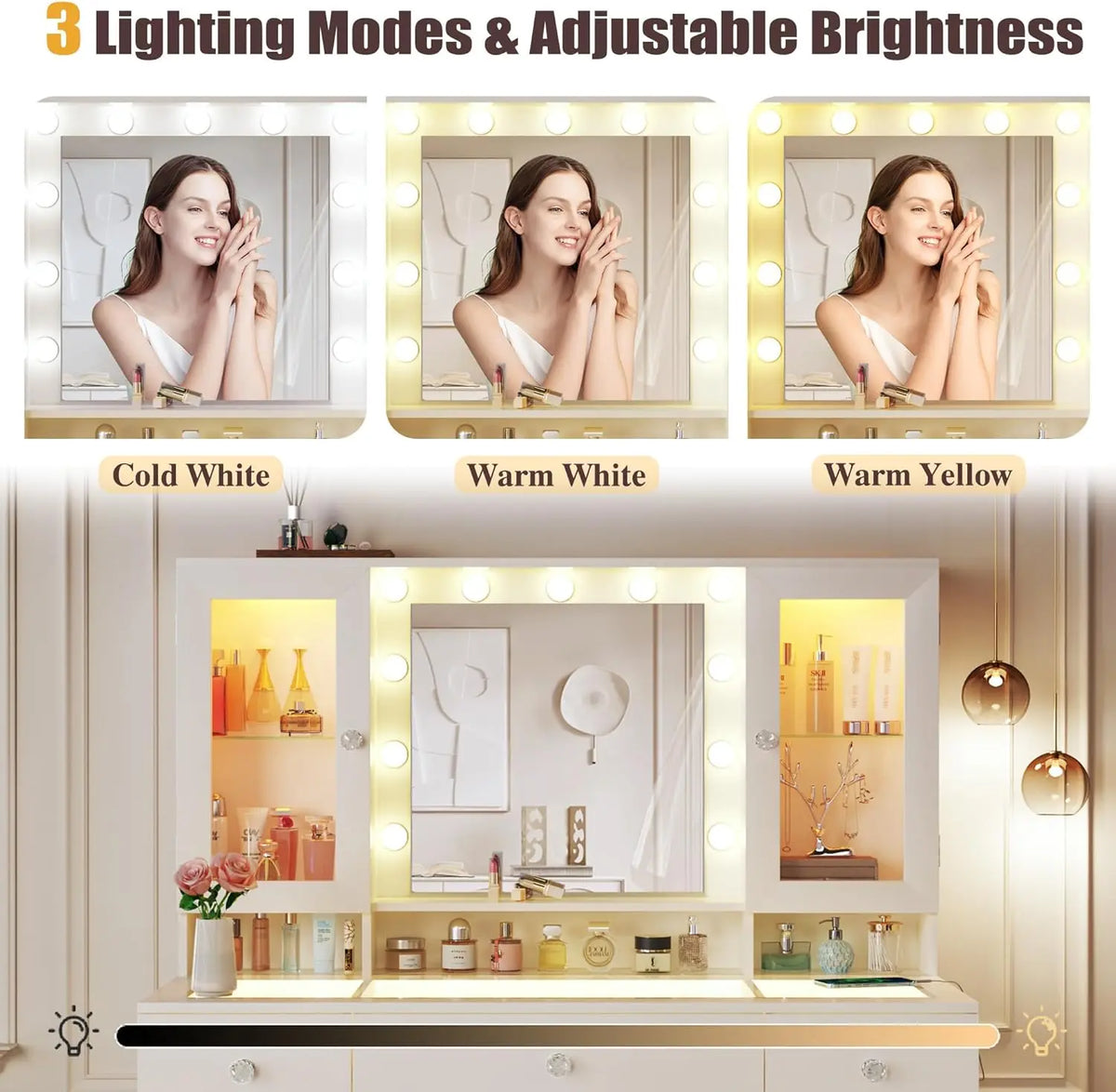 Vanity Desk with Mirror and RGB Lights, 43' Large Makeup Vanity with Glass Top, 4 Large Glass Cabinets, Power Outlet & 3 Drawers