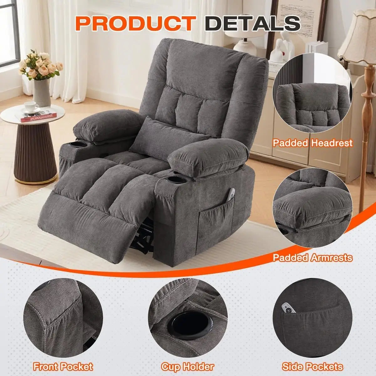 Electric Massage Recliner Chair with Heat and Rocking Function Oversized Recliner with Side Pocket and Dual Cup Holders