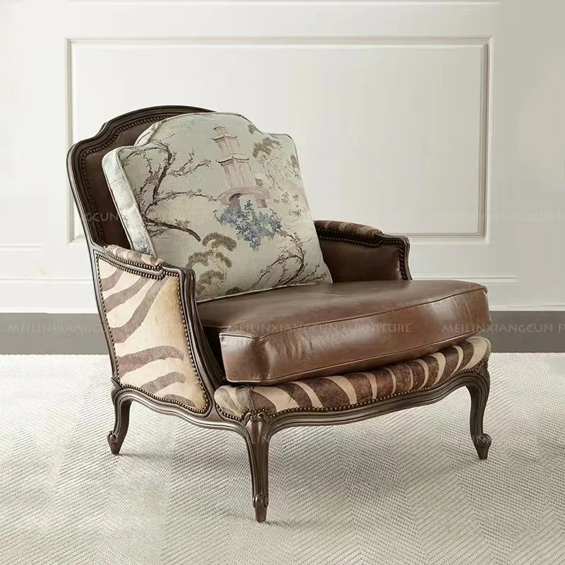 #American single sofa chair, solid wood top layer cowhide microfiber lounge chair, vintage carved negotiation chair, large apart