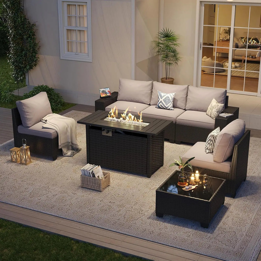 Outdoor Patio Furniture Set 44in Fire Pit Table 7 Pcs Sectional 4in Cushion Widen Armrests Wicker Backyard Grey, Customized
