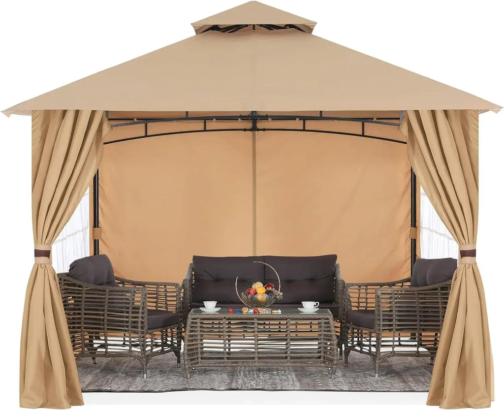 MASTERCANOPY 11x11 ft Patio Gazebo with Windows Curtains, Beige | Rustproof Steel Frame, UPF 50+ UV Protection, Fade-Resistant,
