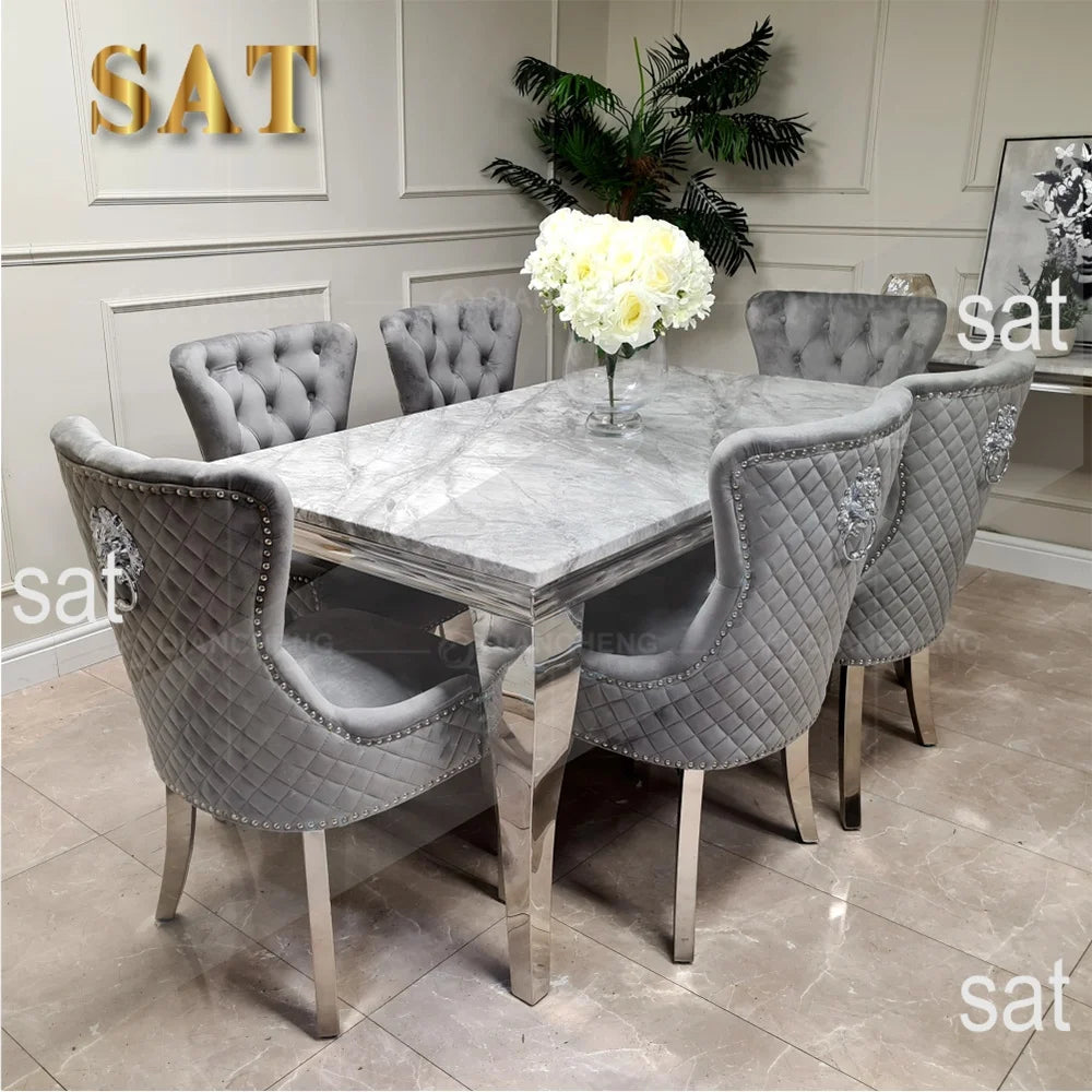 ！@Wholesale Luxury Dinning Table Set With Grey Solid Marble Top and 6 Grey Knocker Chairs Stainless Steel Chrome Dining Table