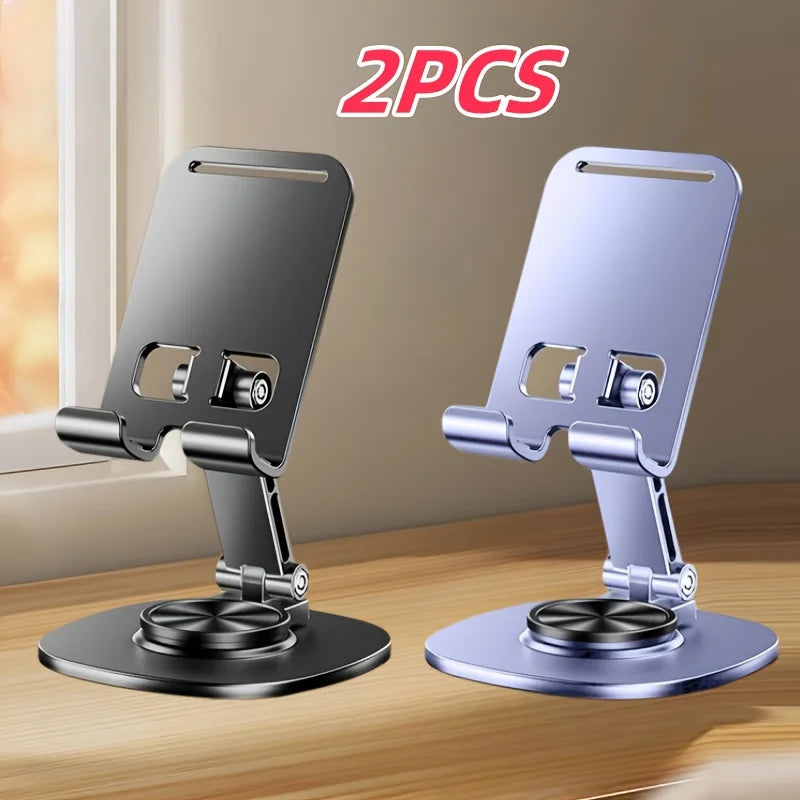 2pcs Folding Phone Stand, All-Metal Phone & Tablet Stand, 360-Degree Rotating Base with Silicone, Features Soothing Mechanical Sound, Perfect for Home, Office And Travel Use, Live Streaming, Selfie Sticks, Video Recording, Id