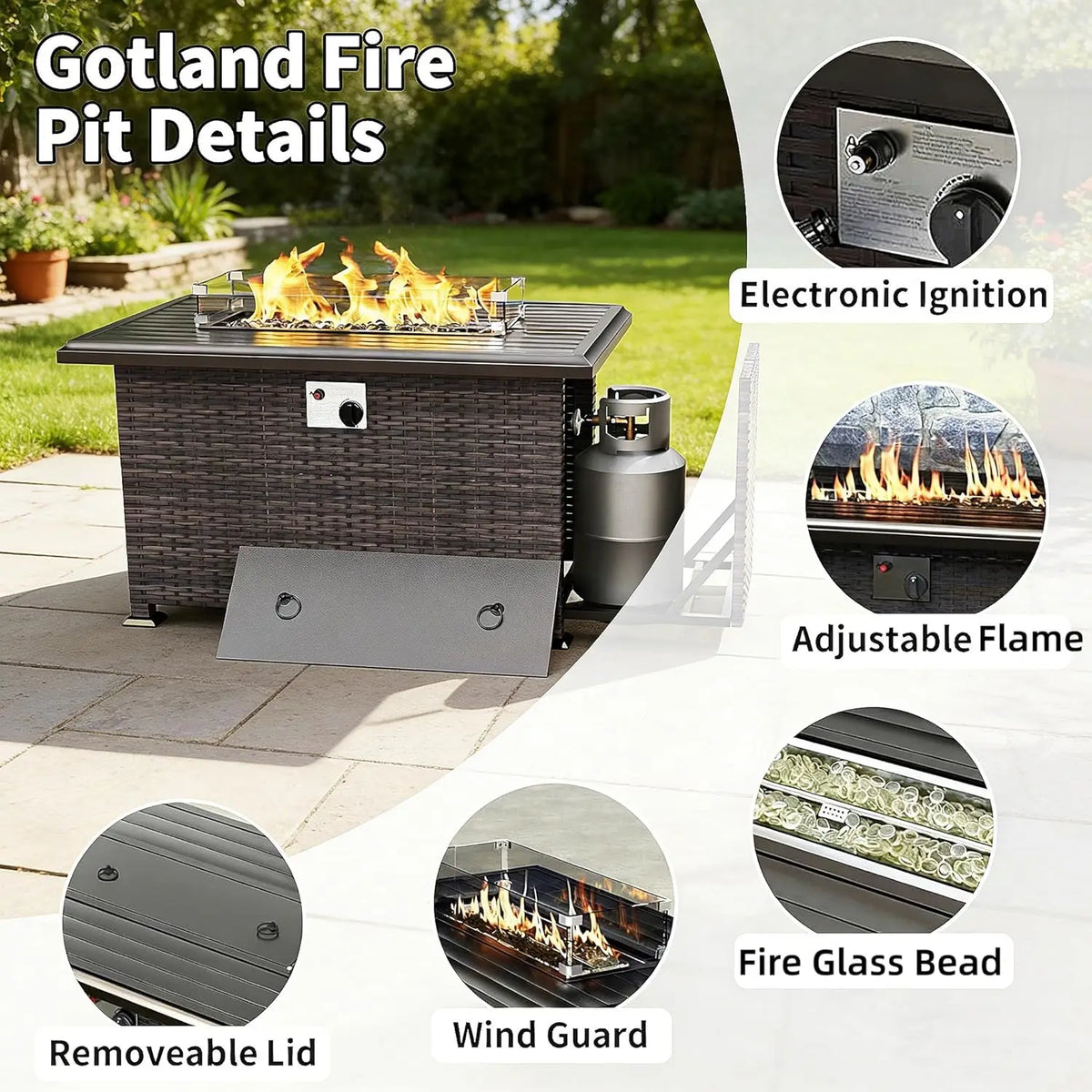 8 Pieces Patio Furniture Set with Fire Pit Table, All Weather Rattan Outdoor Furniture with 29.5'' High Backrest, Customized