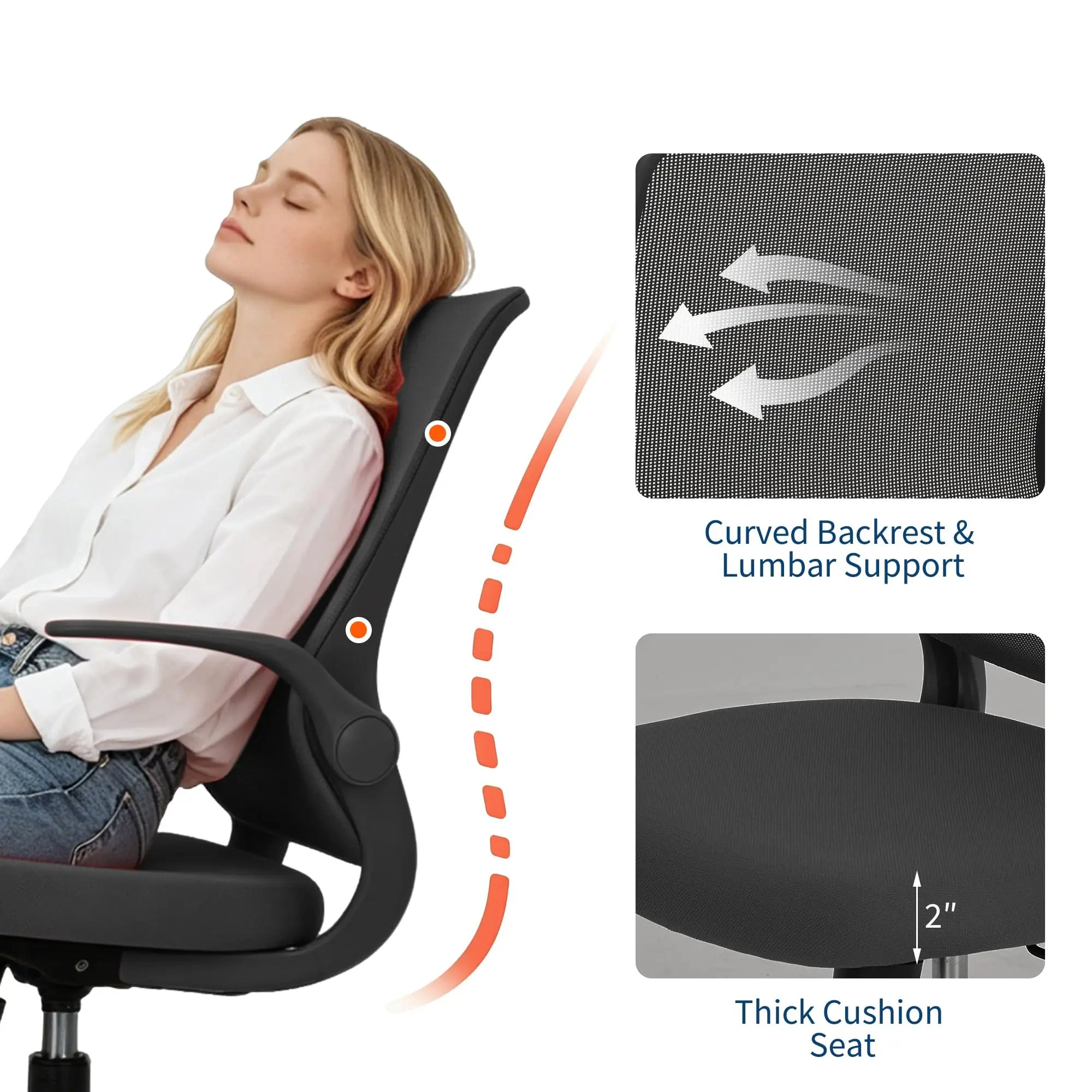 Ergonomic Office Chair With Flip Up Arms, Black Mesh Desk Chair With Lumbar Support, Adjustable Swivel Computer Chair For Home Office