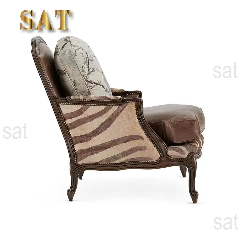 #American single sofa chair, solid wood top layer cowhide microfiber lounge chair, vintage carved negotiation chair, large apart
