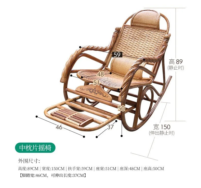 Rattan rocking chair Adult leisure recliner Natural rattan Xiao real rattan free chair Elderly solid wood new Chinese rocking ch